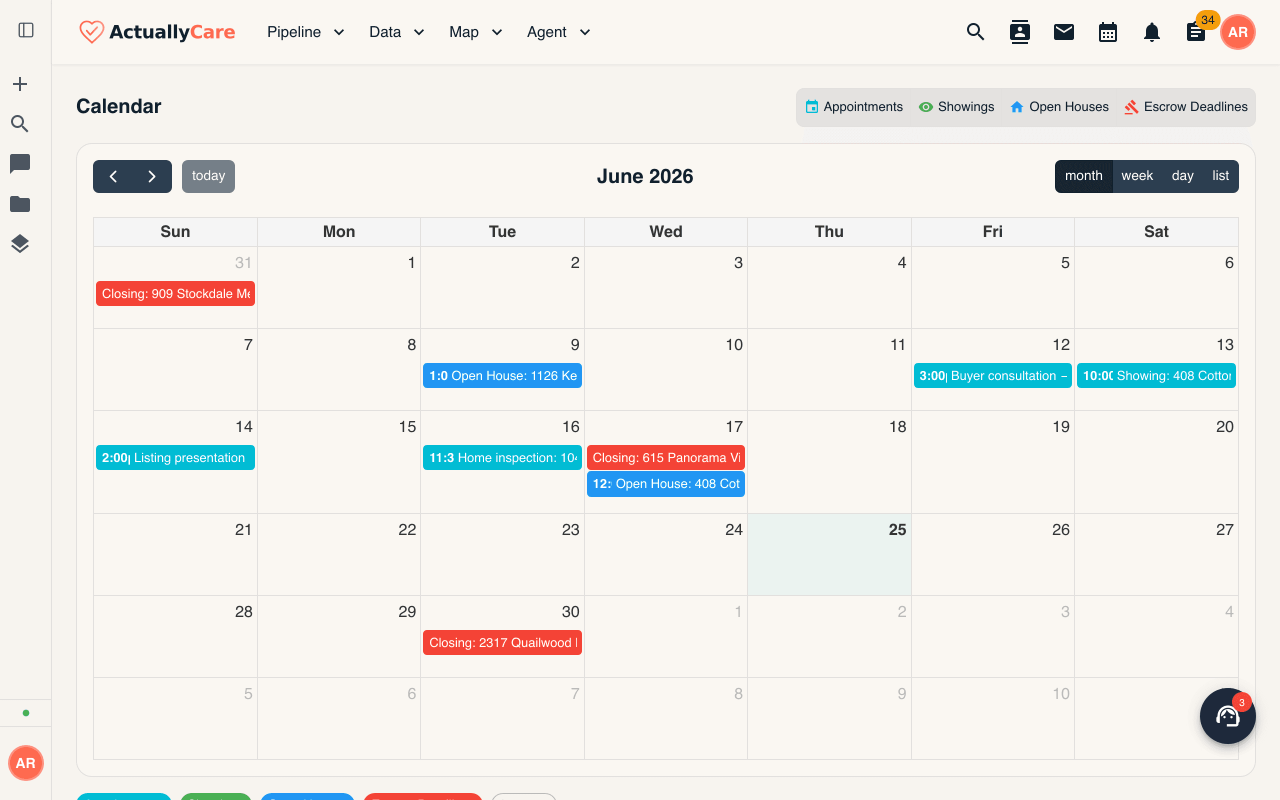 A month calendar with closings, open houses, showings, and inspections color-coded across the month